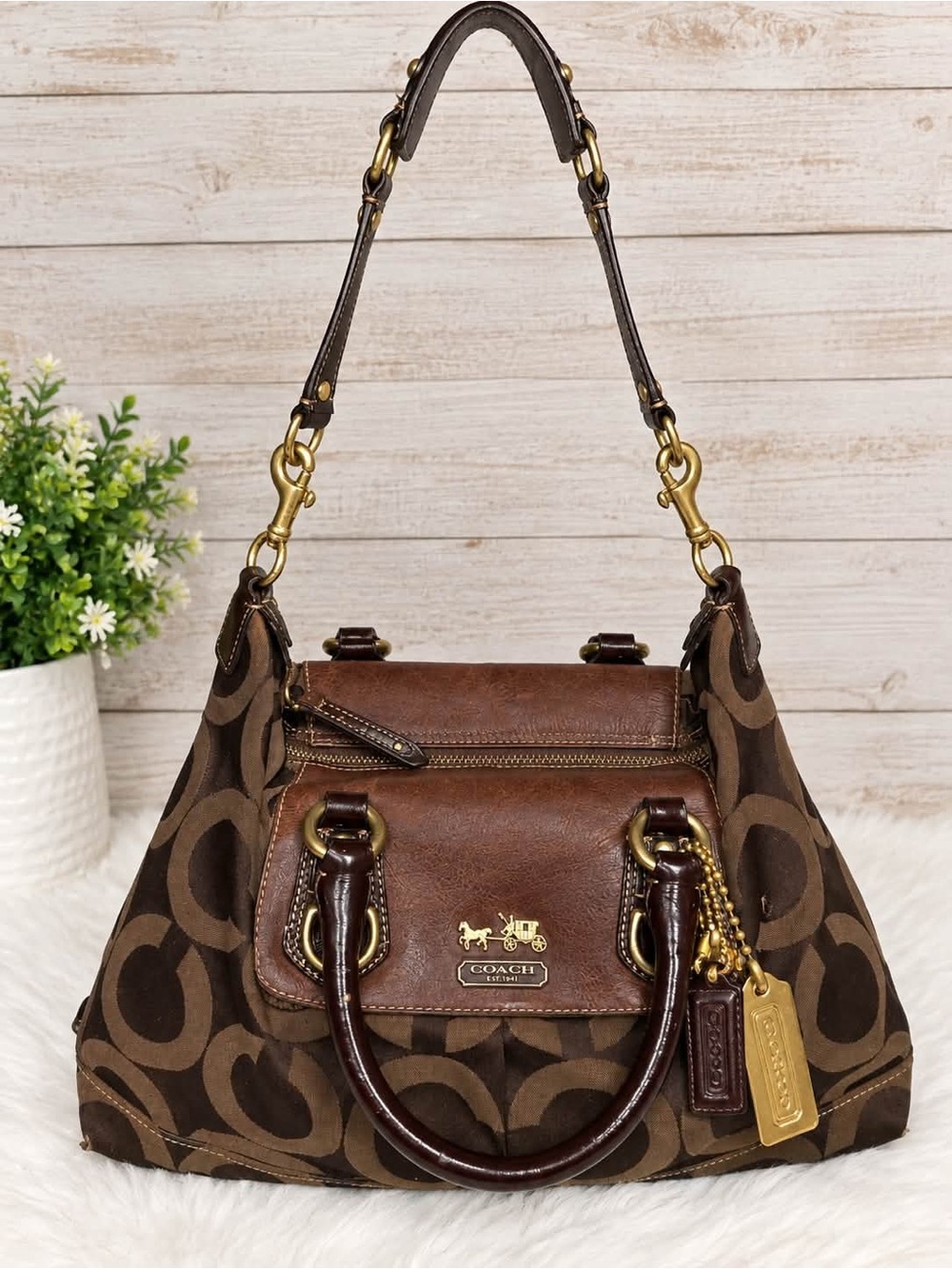 Coach Madison Brown Signature Canvas & Leather Shoulder Satchel